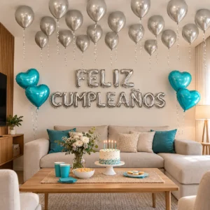 COMBO FELIZ CUMPLEAÑOS PLATEADO Y TURQUESA